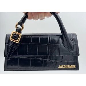 Jacquemus Black Croc-Embossed Clutch with Gold Accents